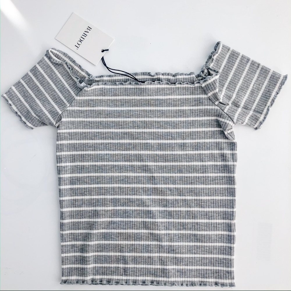 BARDOT Lea Grey Stripe Off Shoulder Stripe Top